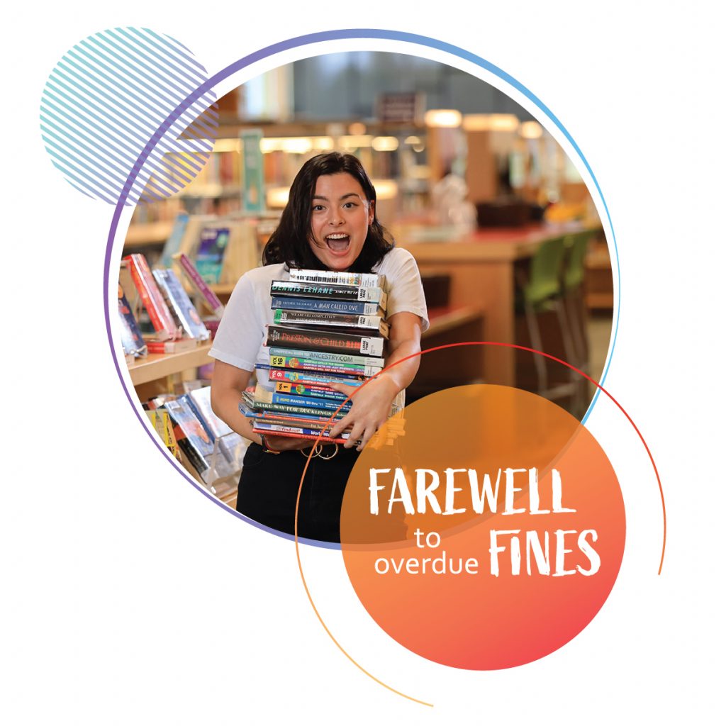 Woman holding stack of books with farewell to overdue fines message
