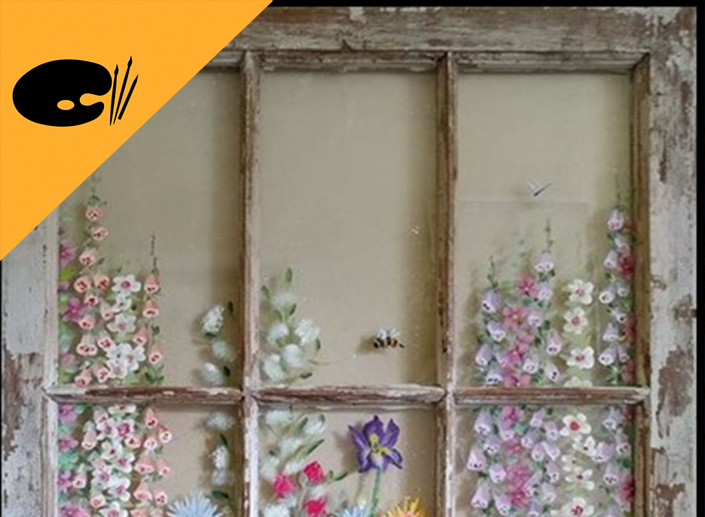 image of window with painted flowers and superimposed palette icon