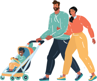 family with child in stroller