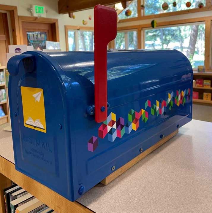blue mailbox in library