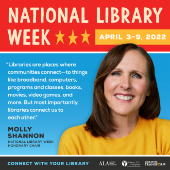 National Library Week promotional image featuring Molly Shannon