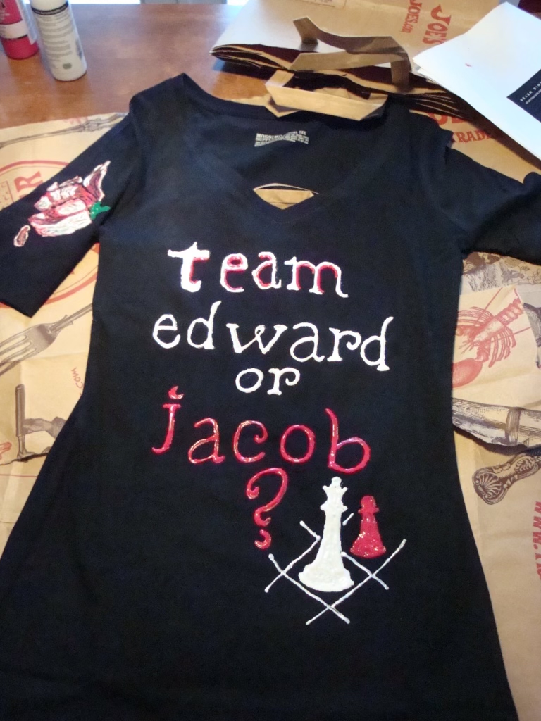 Marie's puffy paint tee shirt with text: "Team Edward or Jacob?"