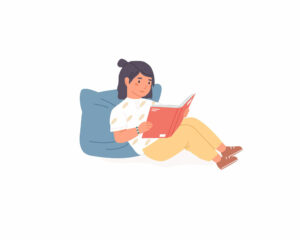 cartoon of a Youth sitting on pillow reading a book