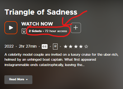 Kanopy screenshot showing how a movie costs 2 tickets and is available for 72 hours days