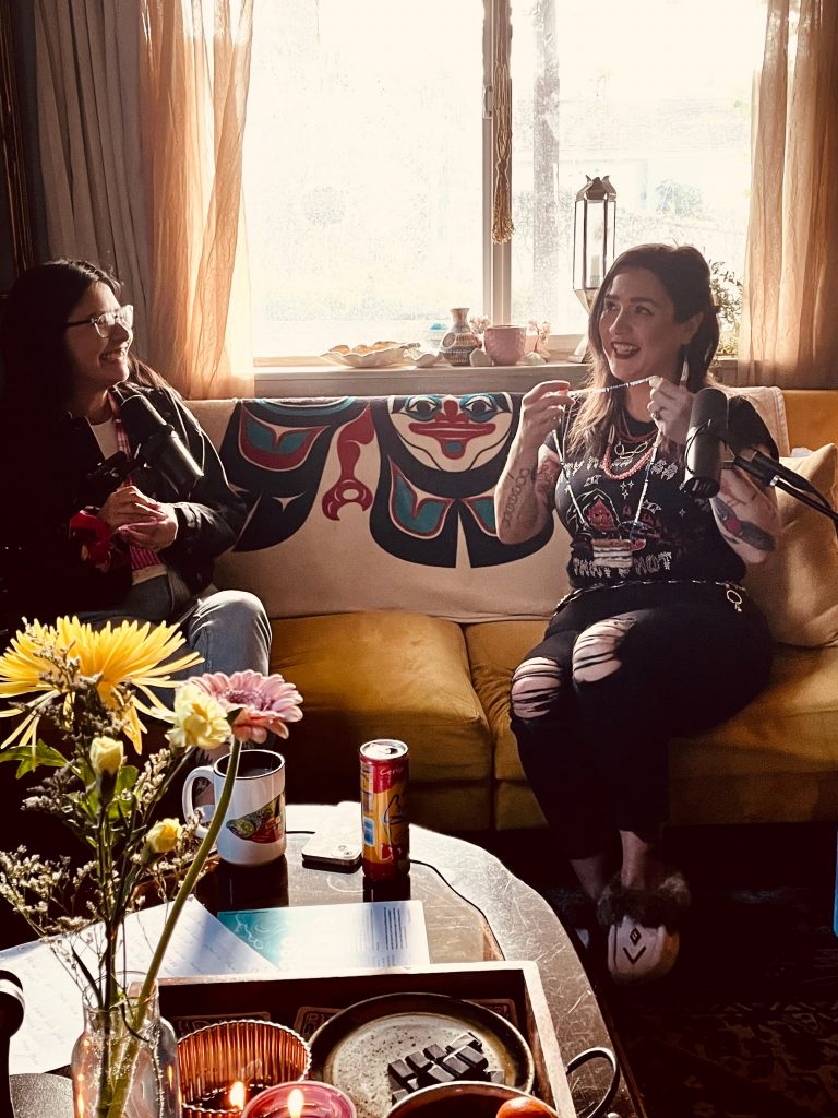 photo of Sasha LaPointe being interviewed by Young and Indigenous Podcast hosts