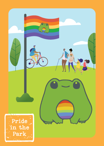 Library Game Card - Pride in the Park. Image of cartoon frog with rainbow flag in park