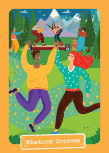 Library Game Card - Whatcom Grooves. Dancing couple in front of a band