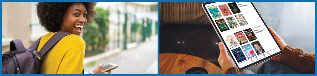 photo of woman listening to an e-audiobook and hands holding a tablet reading an e-book