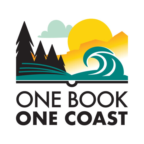 One Book One Coast logo features trees, clouds and a book opening like a wave