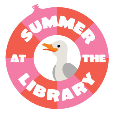 Summer at the Library logo shows a seagull in the center of a pink and red pool floatie.