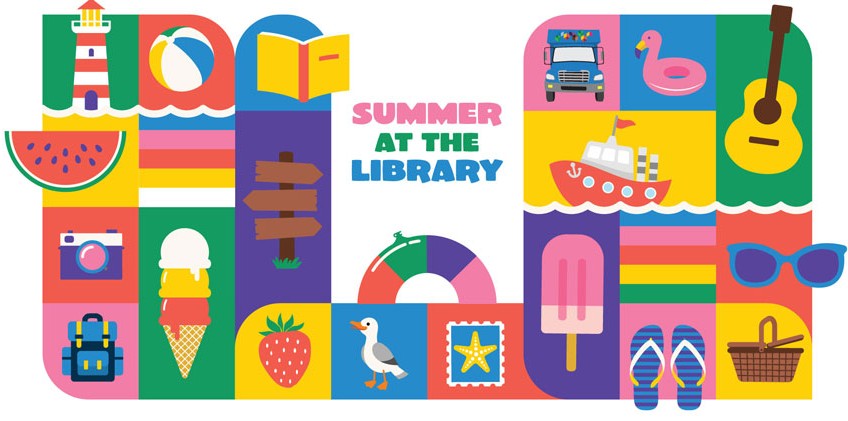 Summer at the library. Colorful image with cartoon lighthouse, beach ball, book, bookmobile, flamingo, ukulele, watermelon, signpost, boat, camera, backpack, ice cream cone, signpost, seagull, starfish, popsicle, flip flops, sunglasses and basket