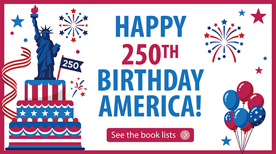 Happy 250th Birthday, America. banner has red, white and blue balloons and cake with the statue of liberty.