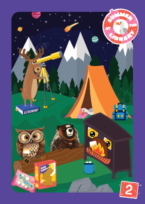 Library Game card 2: Summer at the Library, cartoon characters having a campout