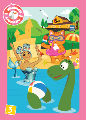 Library Game card 3: Summer at the Library, cartoon characters playing at a beach with the C shop in the background