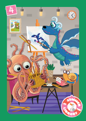 Library Game card 4: Summer at the Library, cartoon dragon and octopus and snail
