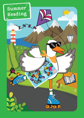 Library Game Card - Summer Reading. Cartoon duck on roller skates flying a kite with lighthouse and mountains in the background.