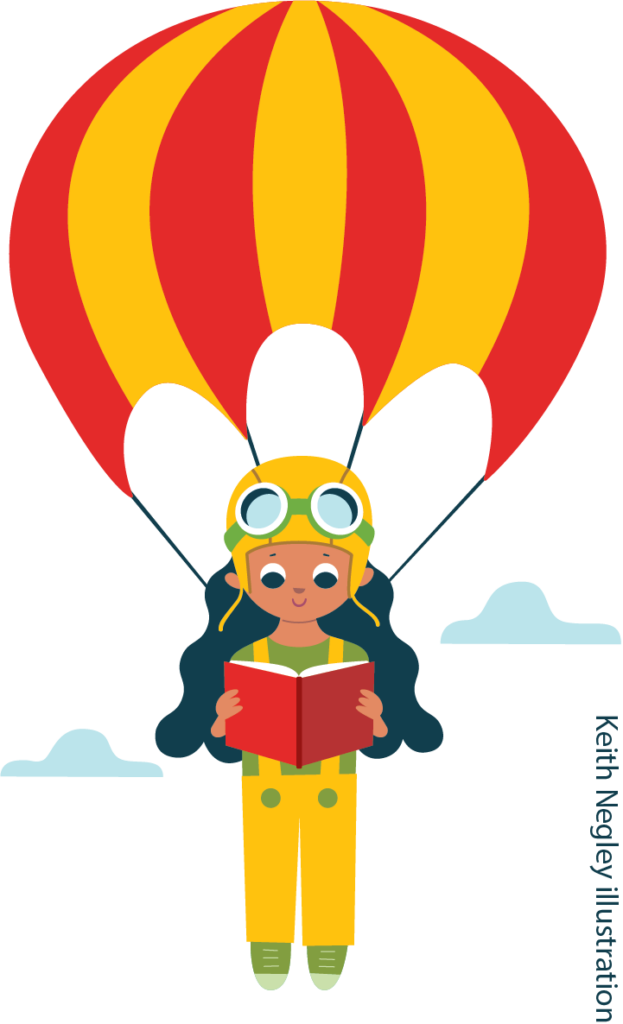 Long haired young person dropping through clouds wearing a parachute and reading a book