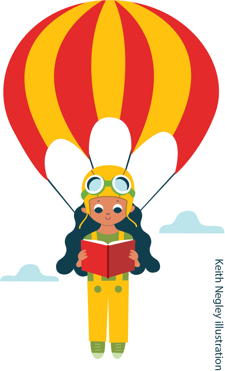 Long haired young person dropping through clouds wearing a parachute and reading a book