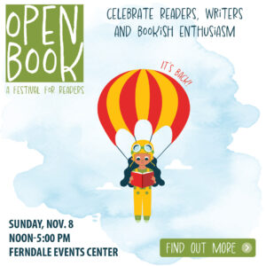 Open Book illustration includes a young girl with a parachute and the dates and location of the event.