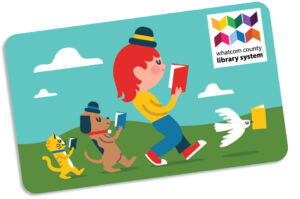 Library card with cartoon of kid, dog, cat and bird reading books while walking